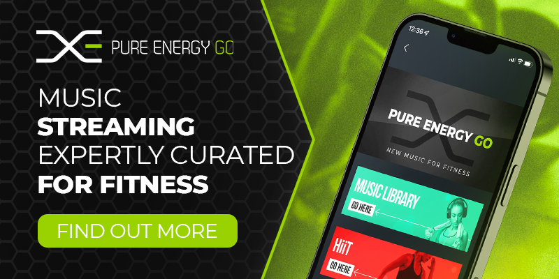Image showing the Pure Energy GO App with the text 'music streaming expertly curated for fitness' click to find out more.