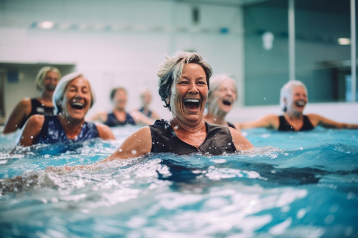 Older adults in the pool having fun for an aqua aerobics class. Fitness music for seniors.