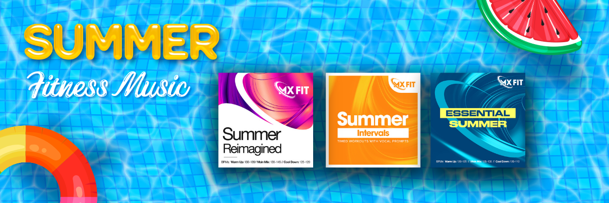 A web banner graphic with a swimming pool background and the text Summer Fitness Music showing the MX Fit albums Summer Reimagined, Summer Intervals and Essential Summer - click the image to visit the Summer albums page